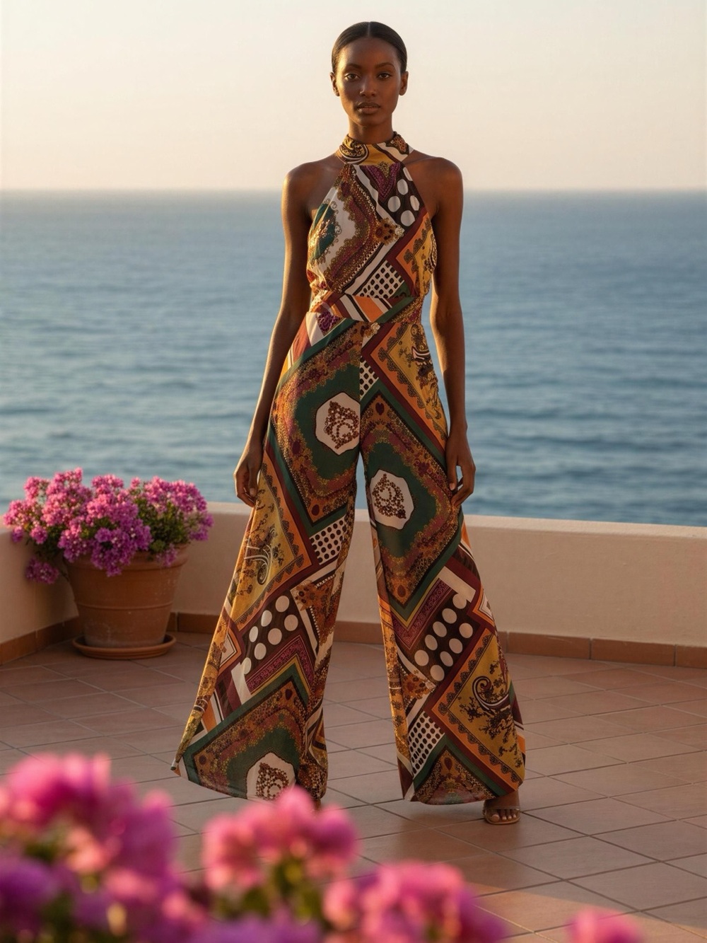 Ark & Co Multicolor Patchwork-Print Halter Wide-Leg Jumpsuit